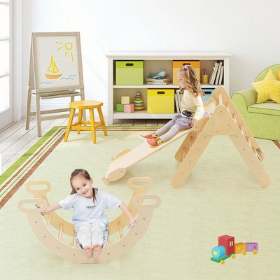 Wooden Climbing Arch with Three Way Slide Board